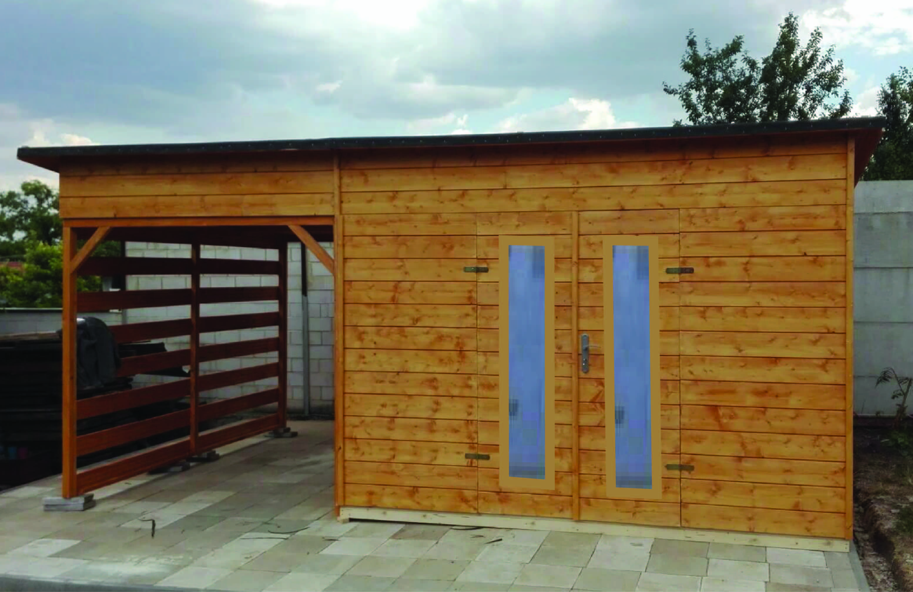 Zahradní dřevěný domek TOL III rovná / pultová střecha + terasa 9m2+6m2, 16mm